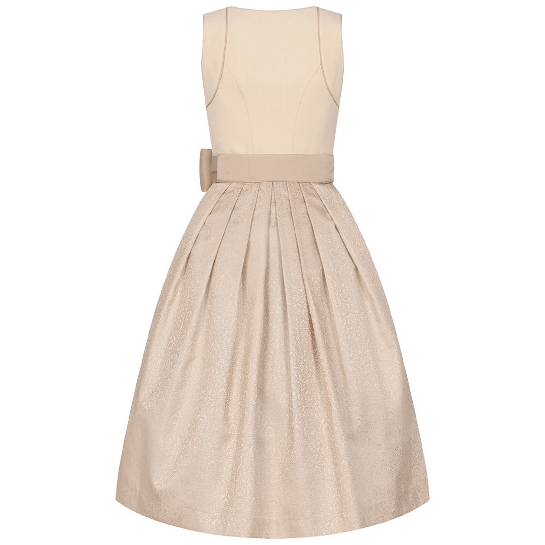Damen Dirndl Beige | Midi Trachtenkleid mit Frontreißverschluss, Schürze und 70 cm Rocklänge