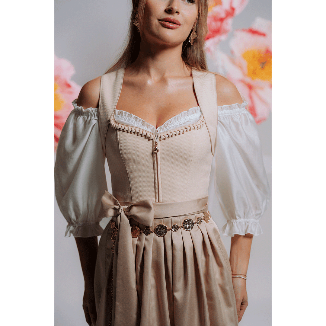 Damen Dirndl Beige | Midi Trachtenkleid mit Frontreißverschluss, Schürze und 70 cm Rocklänge