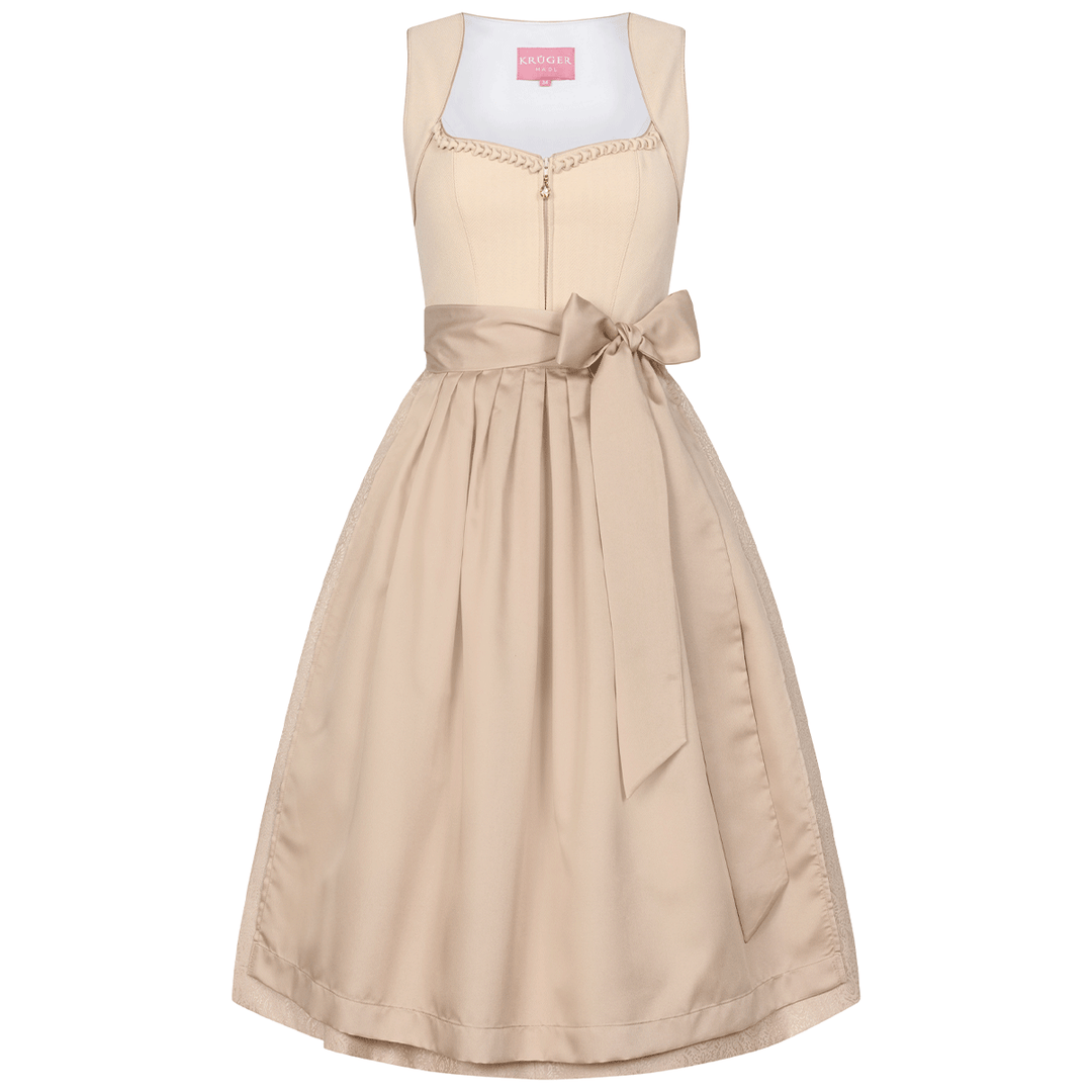 Damen Dirndl Beige | Midi Trachtenkleid mit Frontreißverschluss, Schürze und 70 cm Rocklänge