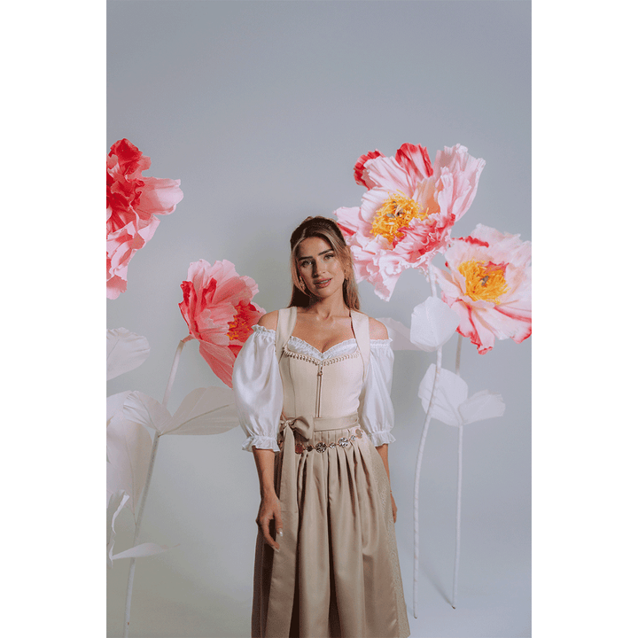 Damen Dirndl Beige | Midi Trachtenkleid mit Frontreißverschluss, Schürze und 70 cm Rocklänge