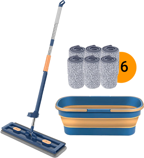 Flat Mop with Self-Wringer &amp; Dirt Comb | 360° Rotating Mop Head | Stainless Steel Handle 126 cm | 2 Microfiber Pads