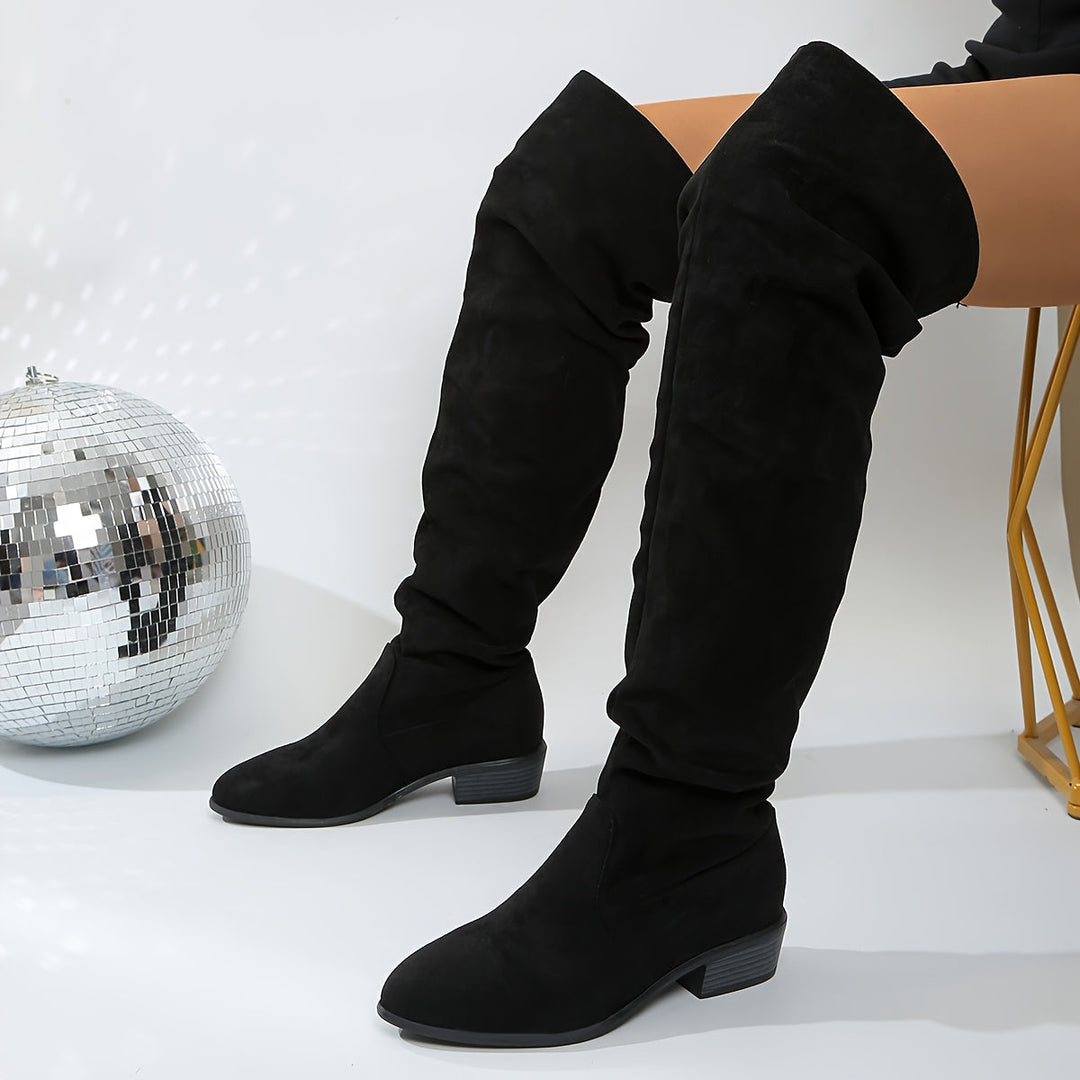 Schlupfstiefel Damen | Overknee Boots in Veloursoptik mit niedrigem Blockabsatz, ohne Reißverschluss