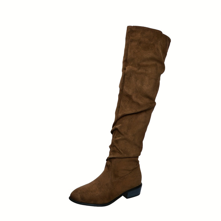 Schlupfstiefel Damen | Overknee Boots in Veloursoptik mit niedrigem Blockabsatz, ohne Reißverschluss