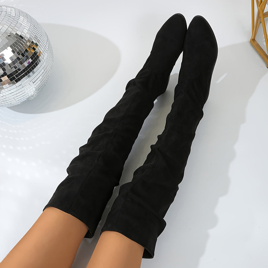 Schlupfstiefel Damen | Overknee Boots in Veloursoptik mit niedrigem Blockabsatz, ohne Reißverschluss