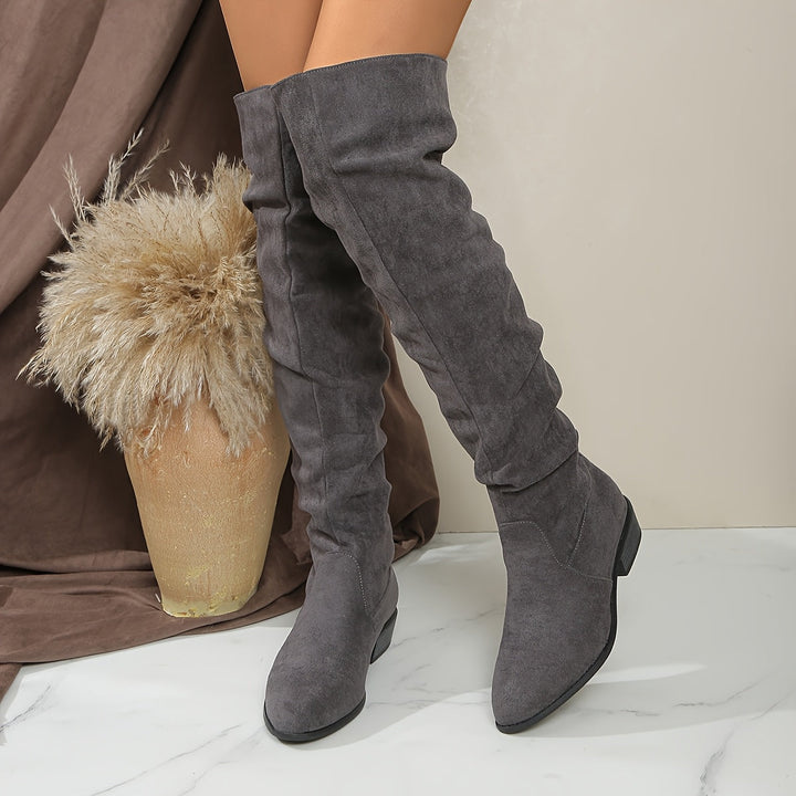 Schlupfstiefel Damen | Overknee Boots in Veloursoptik mit niedrigem Blockabsatz, ohne Reißverschluss