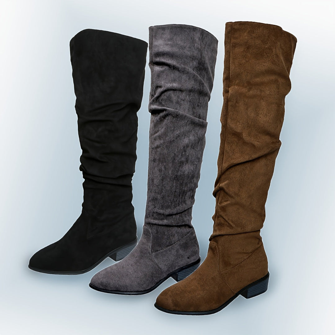 Schlupfstiefel Damen | Overknee Boots in Veloursoptik mit niedrigem Blockabsatz, ohne Reißverschluss