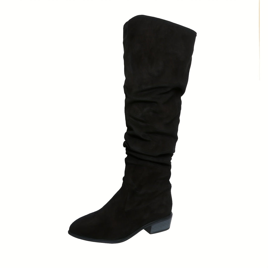 Schlupfstiefel Damen | Overknee Boots in Veloursoptik mit niedrigem Blockabsatz, ohne Reißverschluss
