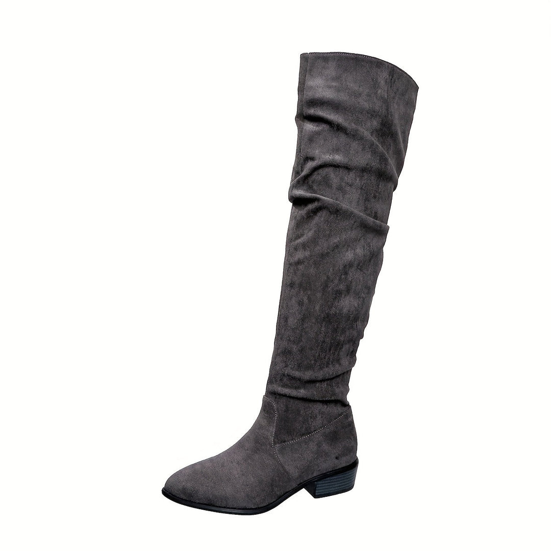 Schlupfstiefel Damen | Overknee Boots in Veloursoptik mit niedrigem Blockabsatz, ohne Reißverschluss