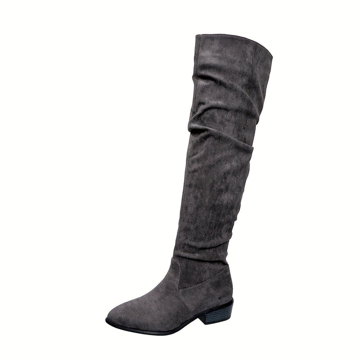 Schlupfstiefel Damen | Overknee Boots in Veloursoptik mit niedrigem Blockabsatz, ohne Reißverschluss