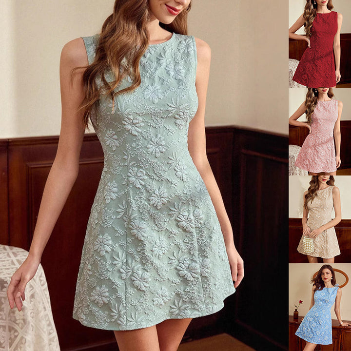 Damen Sommerkleid | Ärmelloses Midikleid mit floralem Jacquard-Muster im eleganten Stil