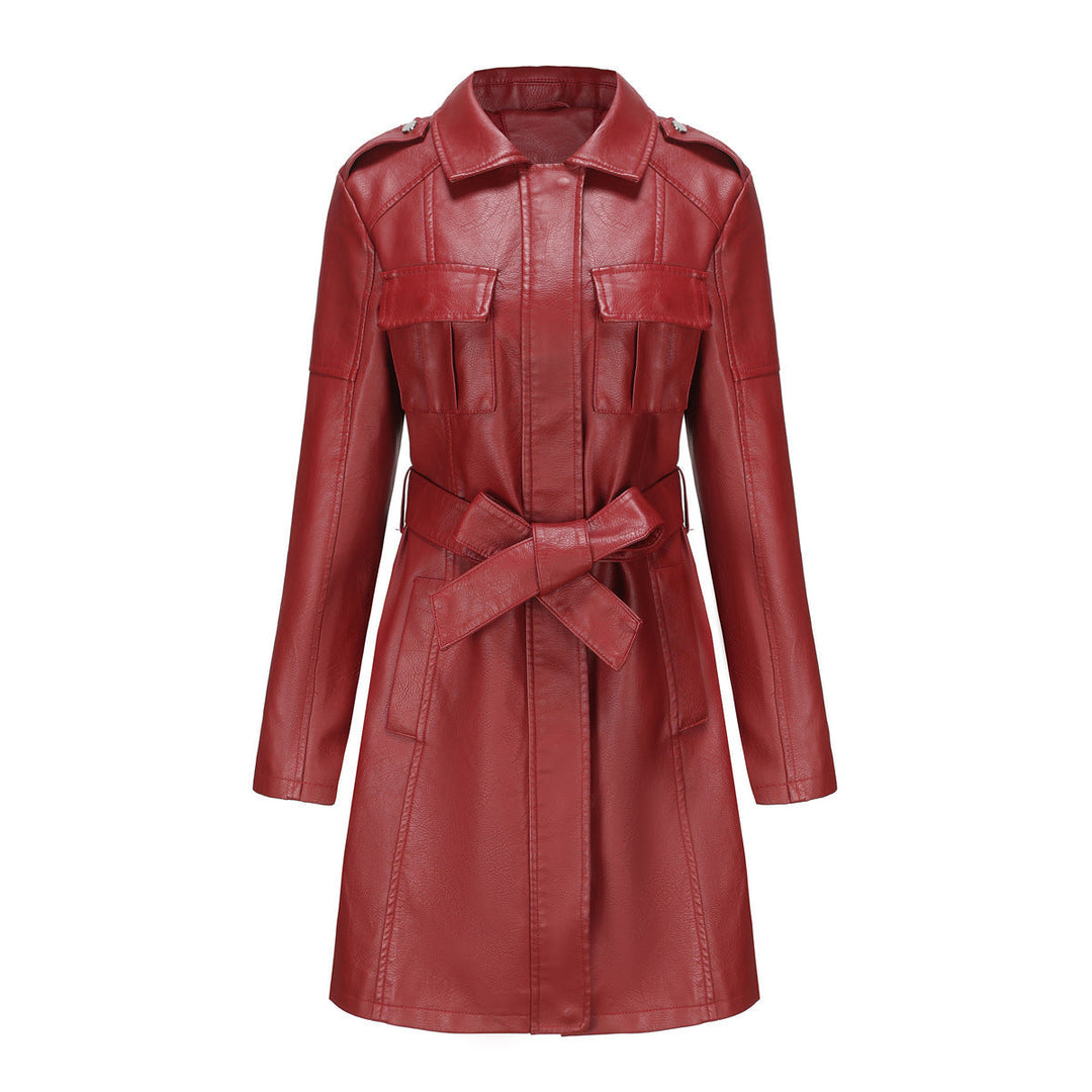Damen Kunstledermantel mit Gürtel | Mittellanger Mantel im britischen Stil mit Taschen und langen Ärmeln für Herbstlooks