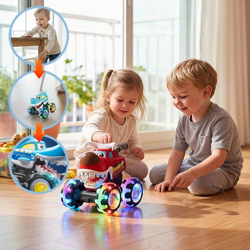 LED Stunt-Auto im Hai-Design | 360° Drehungen &amp; Leuchtende Räder | Robustes Spielzeugauto für Kinder