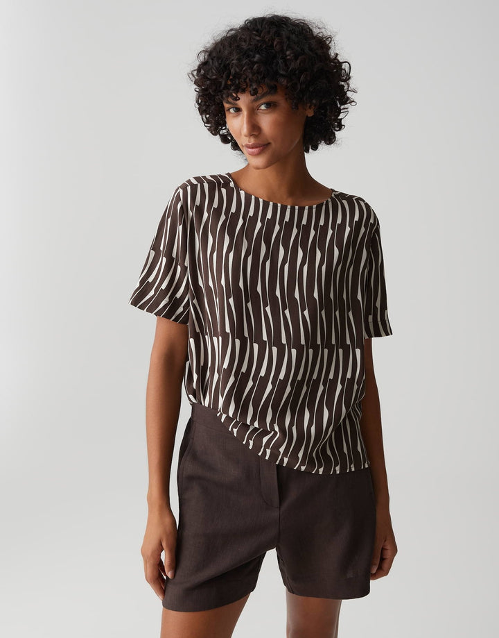 Damen Bluse | Loose-Fit-Bluse mit U-Boot-Ausschnitt, Kurzarm und grafischem Muster