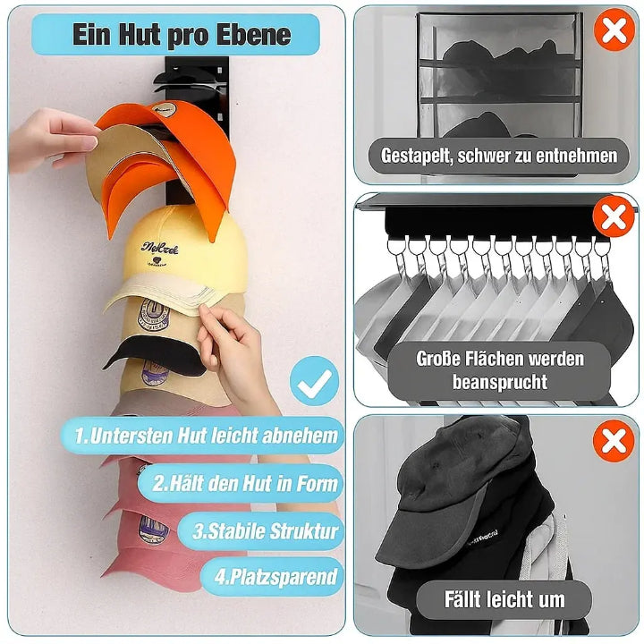 Cap Organizer Wandhalter für bis zu 10 Caps | Selbstklebender Kappenhalter ohne Bohren | Platzsparende Aufbewahrung | Schwarzes Design