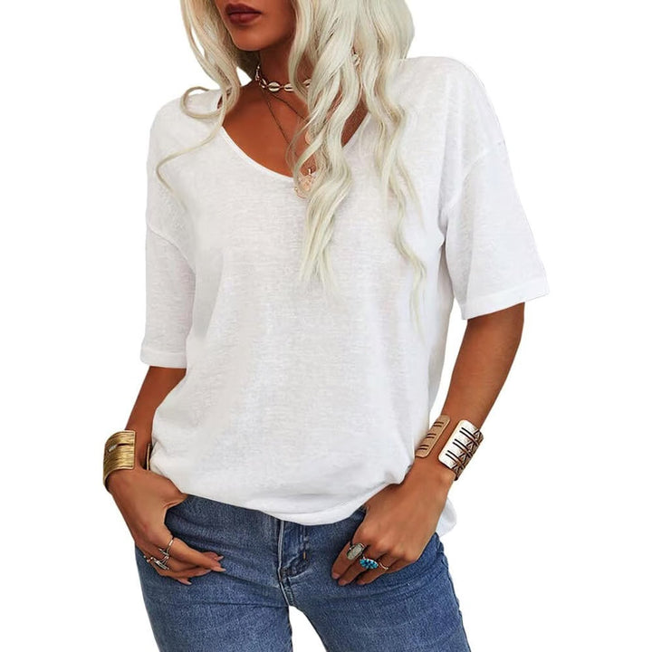 Damen V-Ausschnitt T-Shirt mit längeren Ärmeln | Lockerer Schnitt, blickdicht &amp; luftig | Sommer Shirt S–5XL