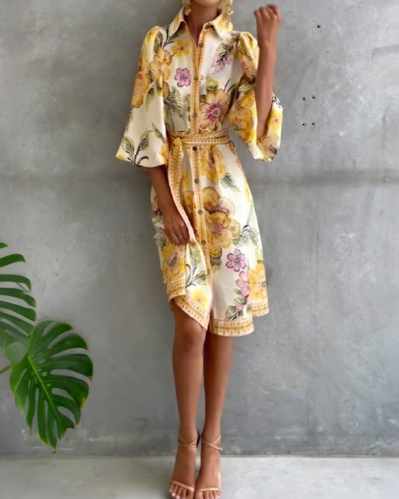 Damen A-Linien Kleid mit Print | Knielanges Kleid mit Reverskragen &amp; Laternenärmeln | Elegant für Frühling &amp; Sommer