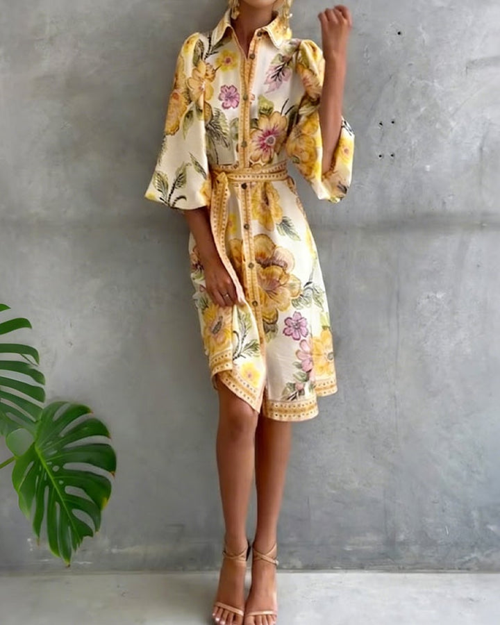 Damen A-Linien Kleid mit Print | Knielanges Kleid mit Reverskragen &amp; Laternenärmeln | Elegant für Frühling &amp; Sommer