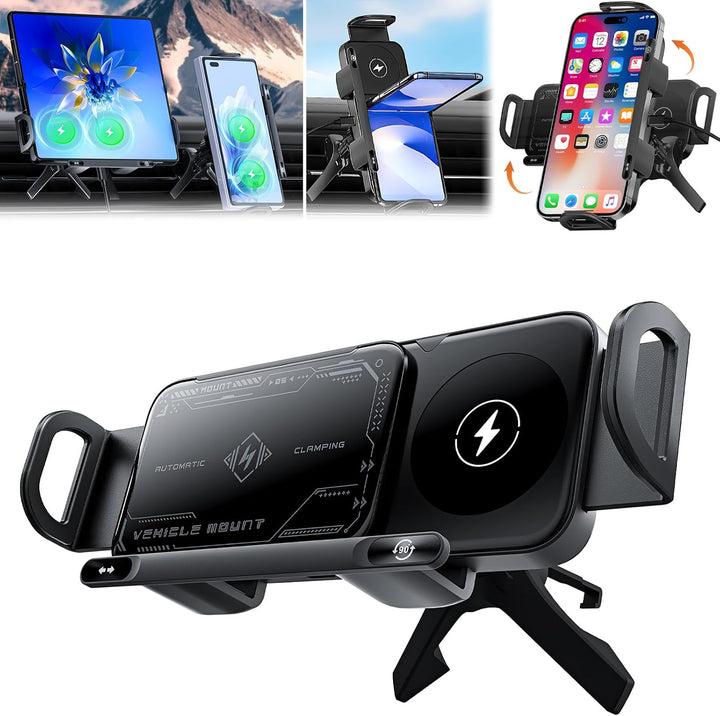Auto Handyhalterung mit 15W Wireless Charging | Automatische Klemmung &amp; 90° Rotation | Lüftungsgitter-Halterung für Smartphones