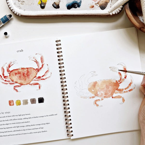 Cahier de travail aquarelle pour débutants | 12 motifs avec guide étape par étape | Papier 120 lb, 6,5"×9", mélange et peinture