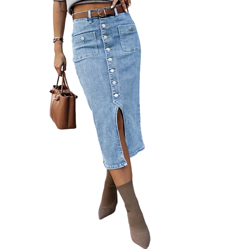 Damen Bleistiftrock High Waist | Vintage-Knopfleiste | Frontschlitz für Bewegungsfreiheit | Figurbetonte Stretch-Passform XS–2XL