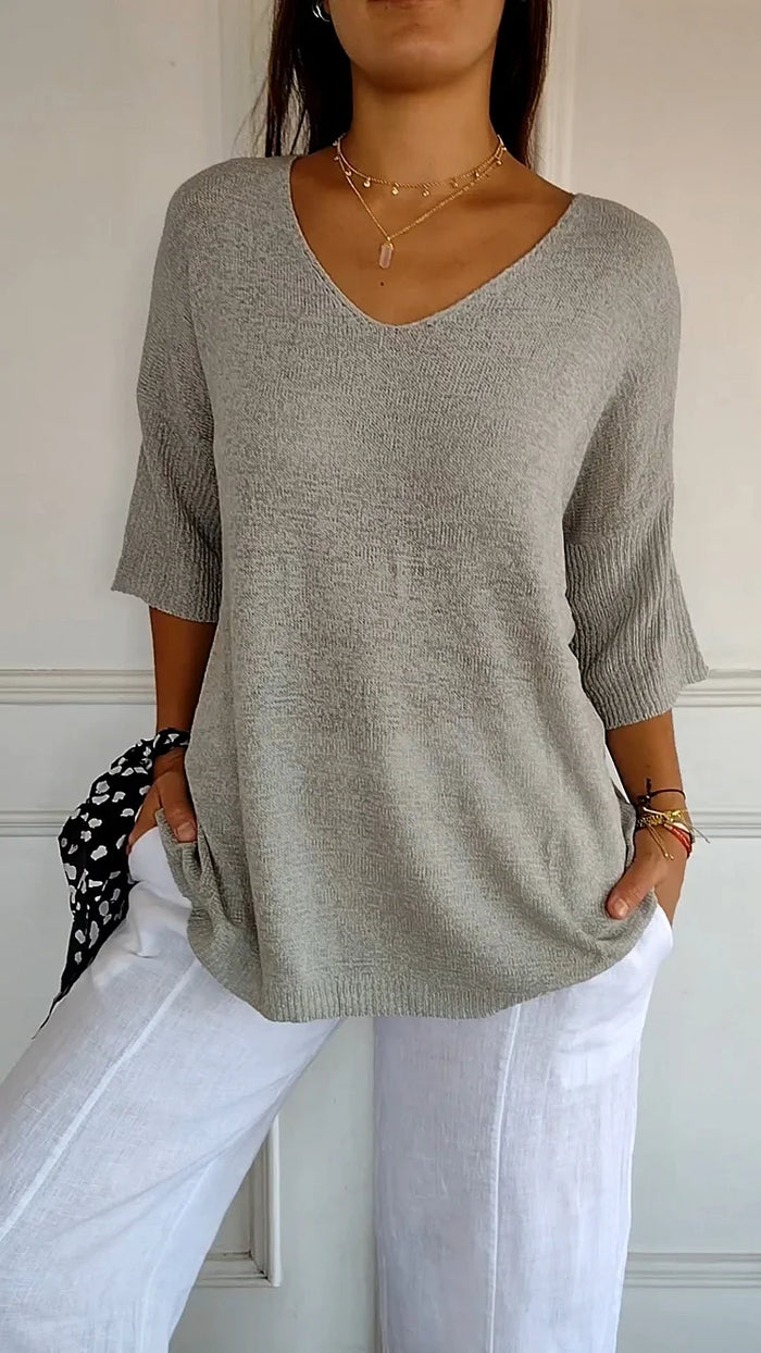 Top en maille à col en V pour femmes | Manches 3/4
