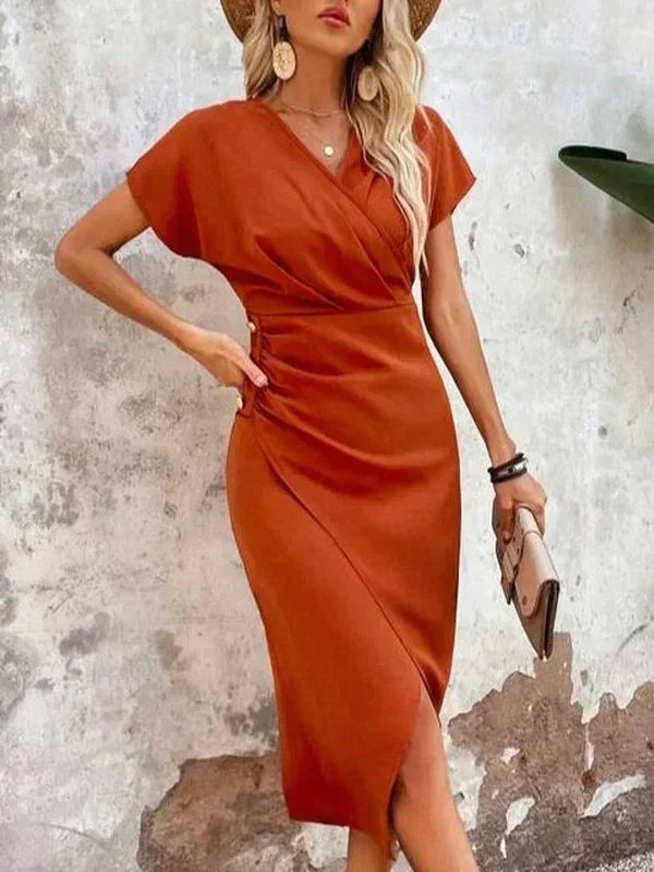 Damen Satin Midikleid mit V-Ausschnitt | Elegantes Kurzarmkleid mit seitlichem Beinschlitz und sanftem Glanz für festliche Anlässe