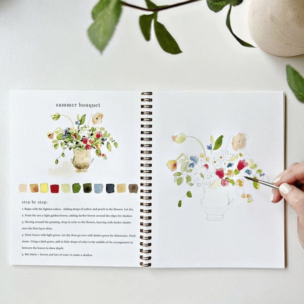 Cahier de travail aquarelle pour débutants | 12 motifs avec guide étape par étape | Papier 120 lb, 6,5"×9", mélange et peinture