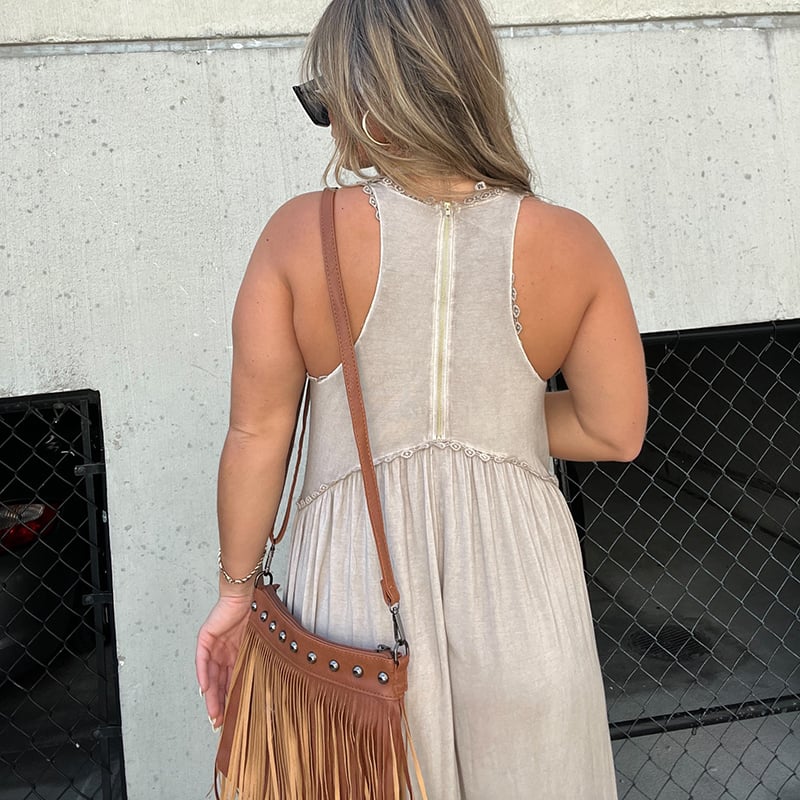 Damen Maxikleid mit Schlitz | luftiges Sommer Tankkleid mit Empire-Taille | Stufenrock &amp; Spitzensaum | locker fallend