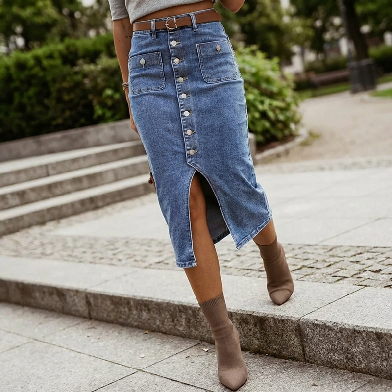 Damen Bleistiftrock High Waist | Vintage-Knopfleiste | Frontschlitz für Bewegungsfreiheit | Figurbetonte Stretch-Passform XS–2XL