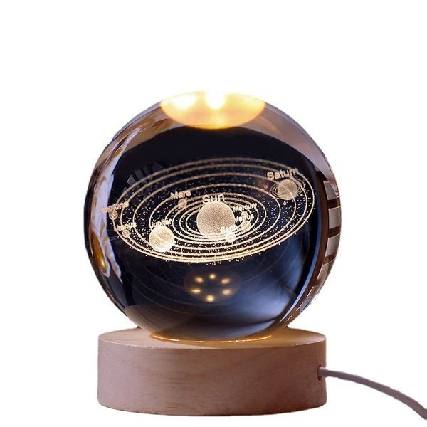 Boule de cristal 3D système solaire | Gravure laser | Option avec base lumineuse LED et boîte cadeau