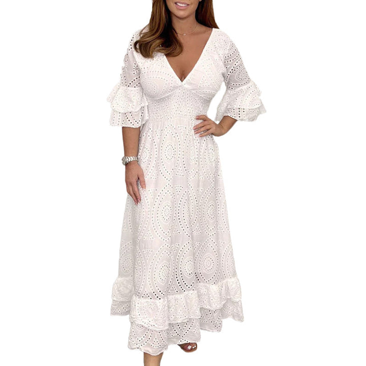 Damen Midikleid V-Ausschnitt mit hoher Taille | Bestickte Ärmel, elastischer Bund | Luftig aus Baumwolle | Elegant &amp; Alltag