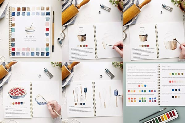 Cahier de travail aquarelle pour débutants | 12 motifs avec guide étape par étape | Papier 120 lb, 6,5"×9", mélange et peinture