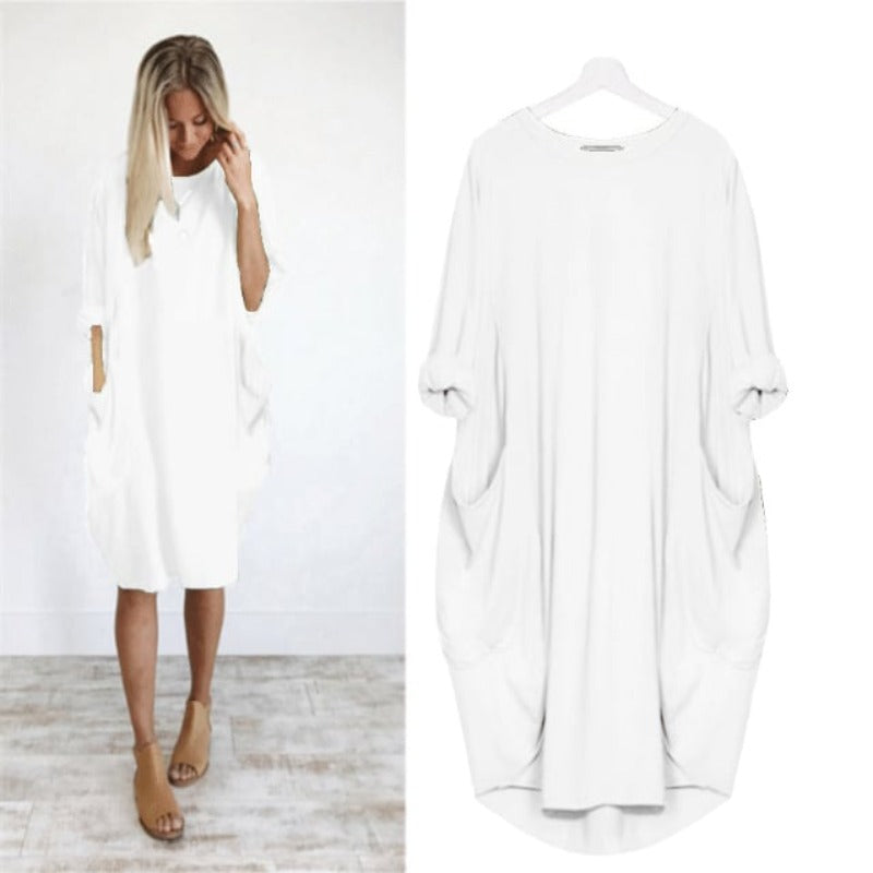 Damen Midikleid mit Lockerer Passform &amp; Rundhalsausschnitt | Luftiges Sommerkleid mit Taschen | Bequem &amp; Vielseitig