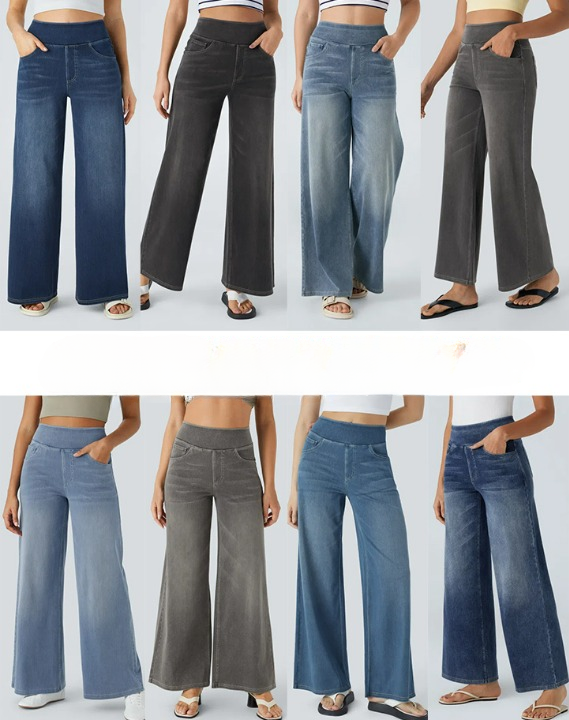 Damen High-Waist Stretch Jeans | Weite Denim-Hose mit elastischem Bund | Bequeme Wide-Leg Jeans für Alltag &amp; Freizeit