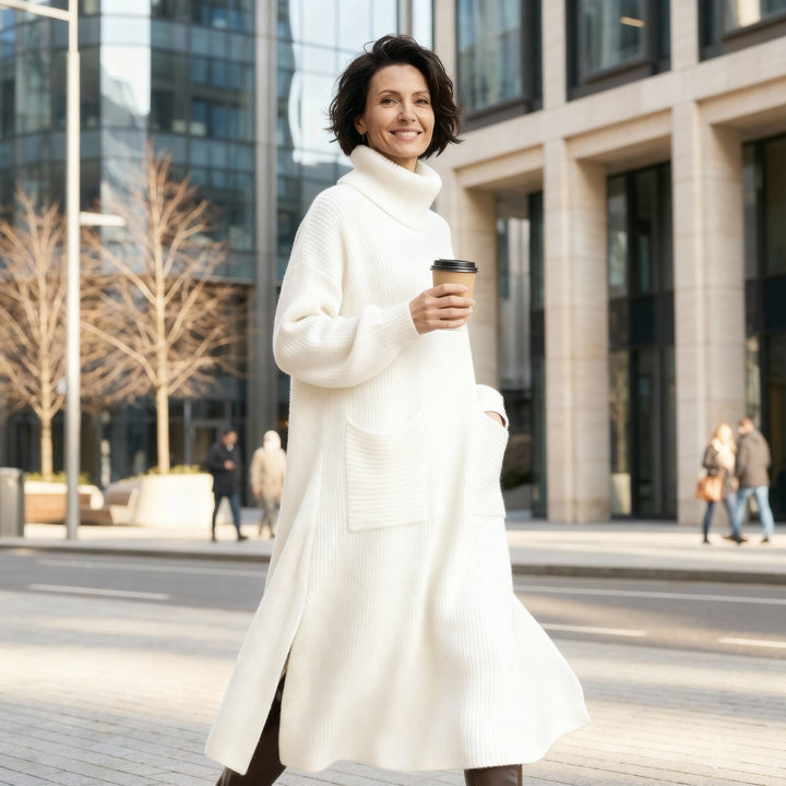 Damen Strickkleid | Langes Oversize-Kleid mit Rollkragen, weichem Strickgewebe und praktischen Taschen für Herbst und Winter