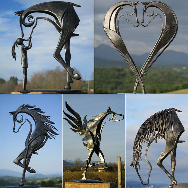 Scultura di cavallo in metallo per giardino | fatta a mano e resistente alle intemperie | rivestimento antiruggine