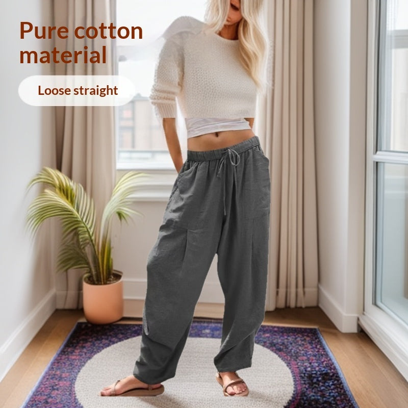 Damen Leinenhose mit Kordelzug aus Baumwoll-Leinen | Gerade Loungehose mit Taschen | Lockere Sommerhose für Alltag &amp; Freizeit