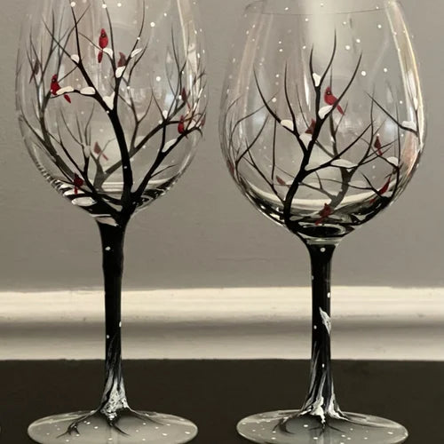 Handbemalte Weingläser mit Jahreszeiten-Baum | Künstlerisches Glasdesign | Elegantes Geschenk für Weinliebhaber