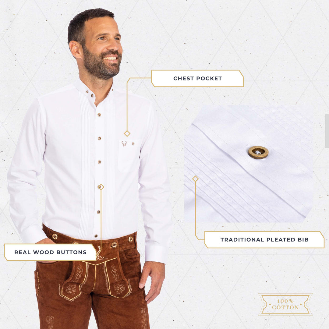 Trachtenhemd Herren | Weißes Hemd für Lederhosen, Oktoberfest, Volksfeste und traditionelle Trachten-Outfits