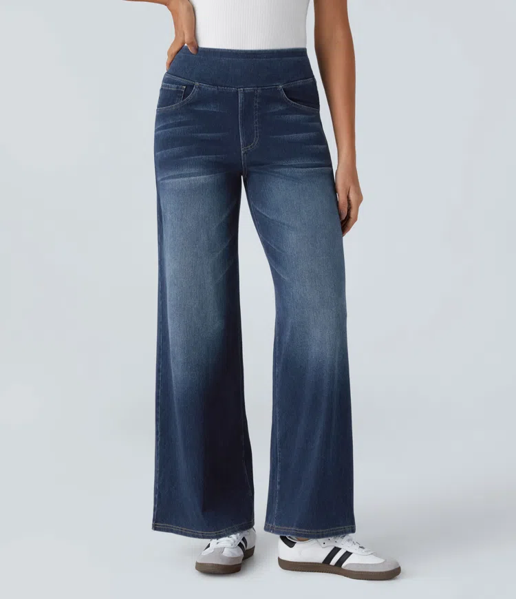 Damen Jeans High Waist Wide Leg | Vier-Wege-Stretch &amp; ohne Reißverschluss | Bequem, formend &amp; mit Taschen, XS–5XL