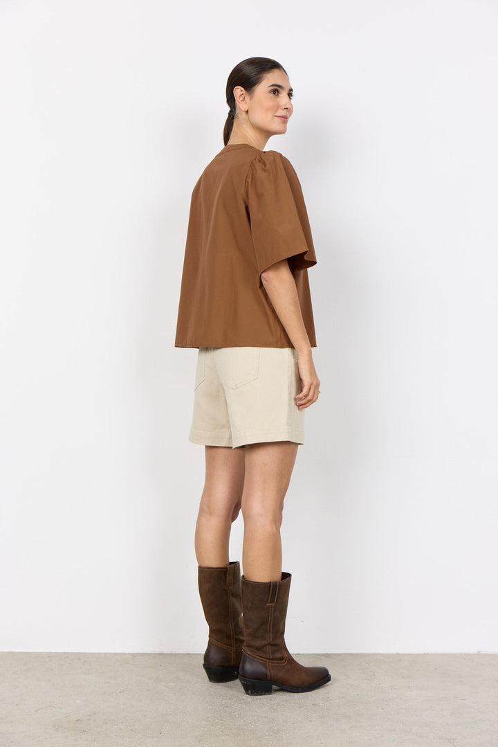 Damen Bluse | Kurzarmbluse mit Rundkragen, Knopfverschluss und geradem Schnitt