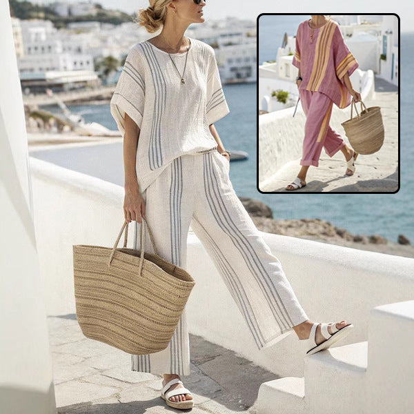 Damen 2-teiliges Sommer Set mit Fledermausärmeln | Lockeres Shirt &amp; Gerade Hose | Lässiger Freizeit Look