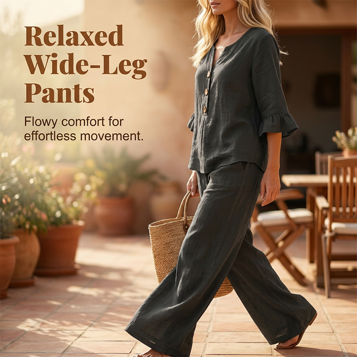 Damen-Loungeset | Zweiteiliges Set aus Baumwollmischung mit Rüschenärmeln und weiter Hose für Freizeit und Alltag