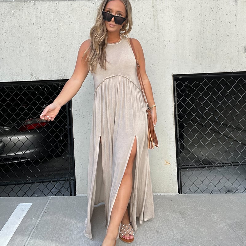 Damen Maxikleid mit Schlitz | luftiges Sommer Tankkleid mit Empire-Taille | Stufenrock &amp; Spitzensaum | locker fallend