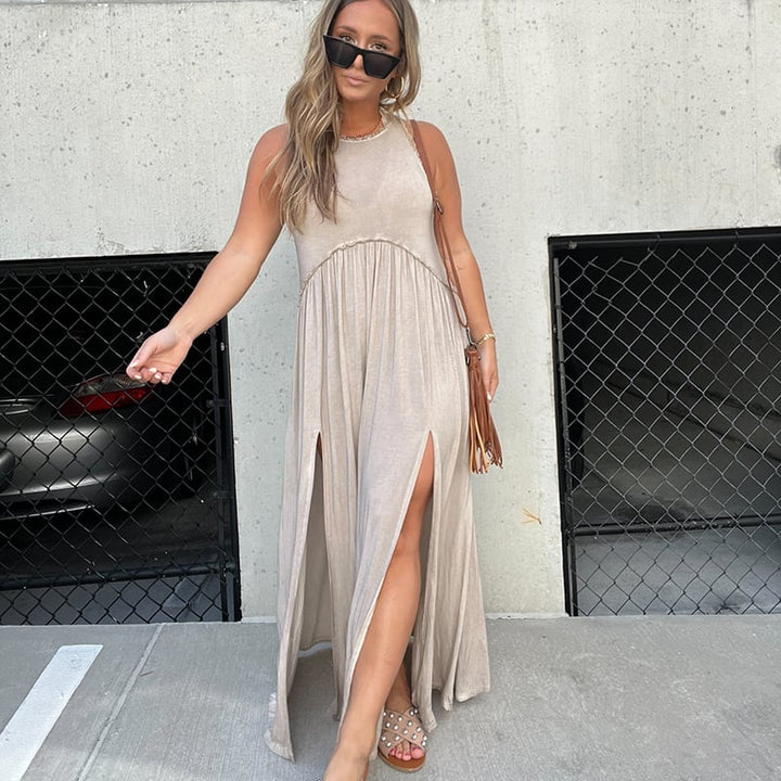 Damen Maxikleid mit Schlitz | luftiges Sommer Tankkleid mit Empire-Taille | Stufenrock &amp; Spitzensaum | locker fallend