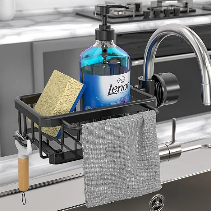 Küchenarmatur Organizer mit Abtropfschale | Schwamm- &amp; Seifenhalter mit Handtuchstange | Werkzeuglose Klemmmontage | Schwarz