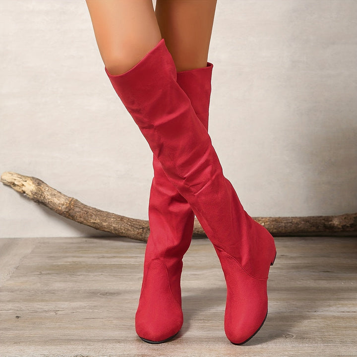 Damen Overknee Stiefel mit Blockabsatz | Hohe Schlupfstiefel mit rundem Zehenbereich und überkniehohem Schaft
