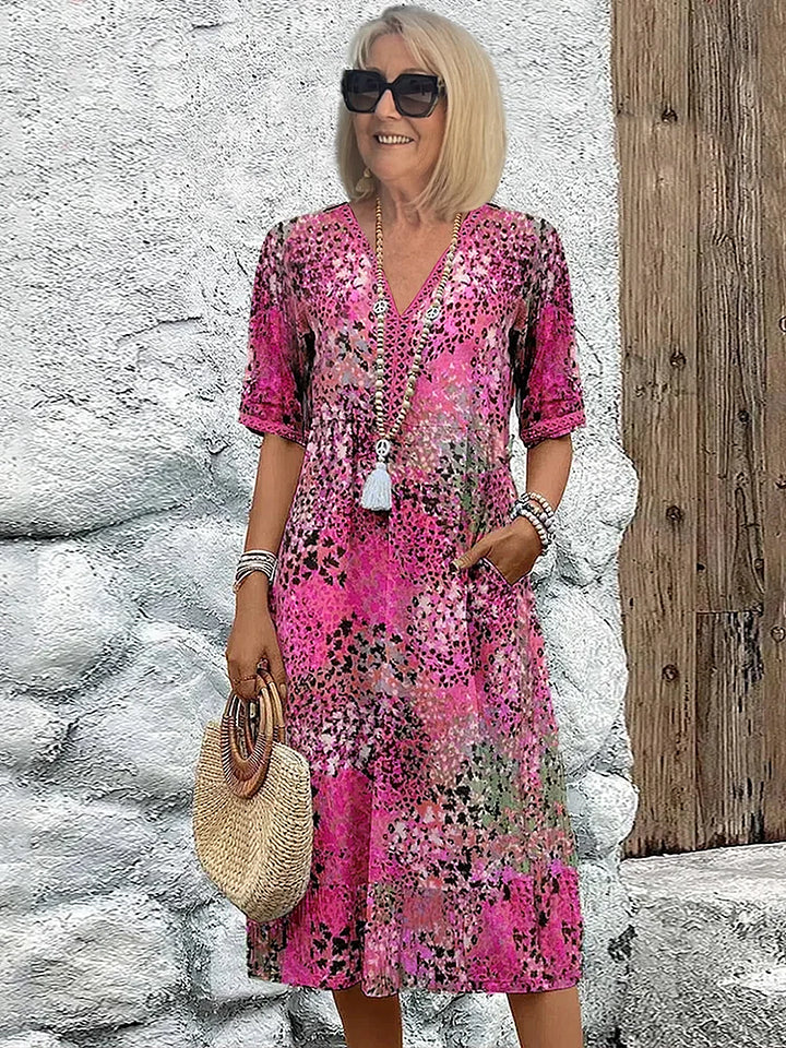 Robe midi pour femmes en mélange lin-coton | Encolure en V &amp; imprimé vivant | Coupe fluide, confortable &amp; élégante (S–3XL)