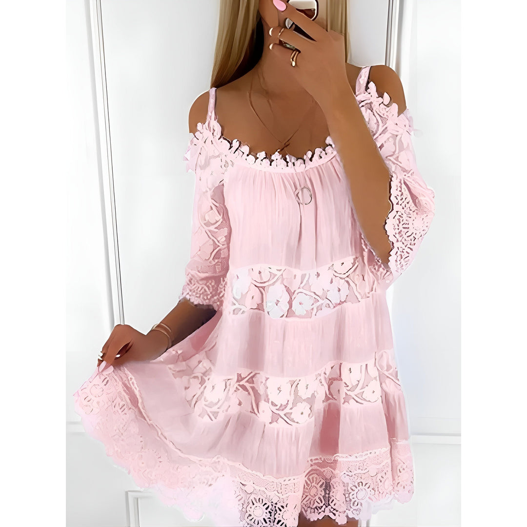 Damen Spitzenkleid Schulterfrei | Elegantes Off-Shoulder Kleid mit Halbärmeln | Festliches Kleid für besondere Anlässe