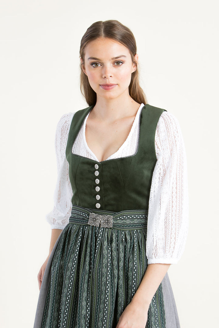 Dirndlbluse Damen | Weiße Spitzenbluse mit Puffärmeln, V-Ausschnitt und Dreiviertelarm für Dirndl